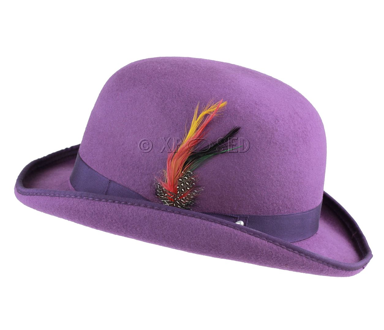 Unisex Vintage English Style 100 Wool Felt Feather Bowler Hat Red